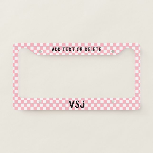 Monogrammed | White Checkerboard on Pink License Plate Frame (Front)
