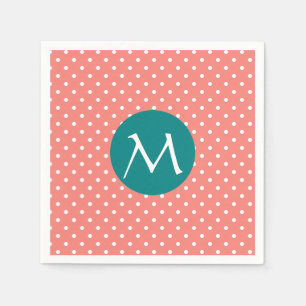 Monogrammed White, Coral Pink and Teal Polka Dot Paper Napkins