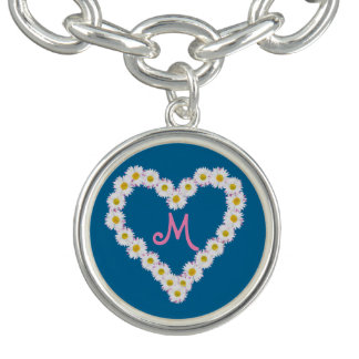 Monogrammed White Daisy Chain Heart on Sky Blue Bracelet