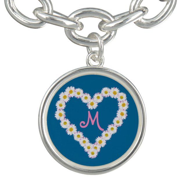 Monogrammed White Daisy Chain Heart on Sky Blue Bracelet (Design)