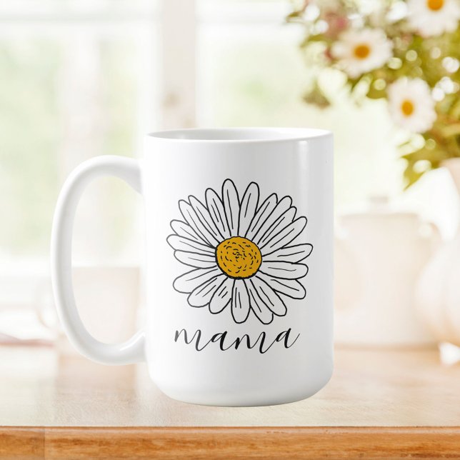 Monogrammed White Daisy Floral Doodle Mama Coffee Mug (In situ Kitchen table)