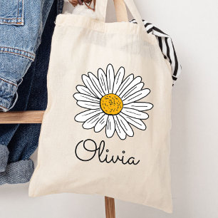 Monogrammed White Daisy Floral Tote Bag