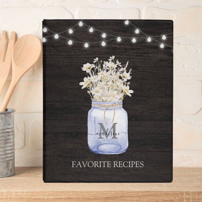 Monogrammed White Daisy Flower Black Wooden Recipe Mini Binder (In situ)