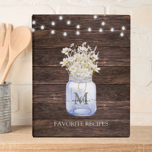 Monogrammed White Daisy Flower Brown Wooden Recipe Mini Binder
