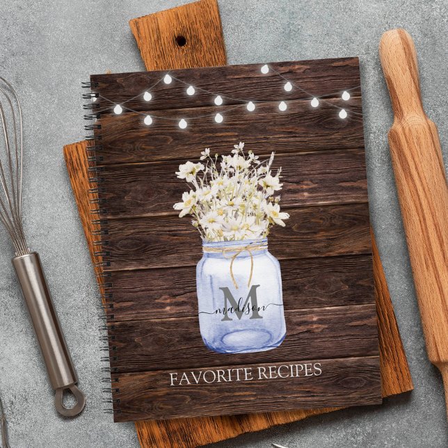 Monogrammed White Daisy Flower Brown Wooden Recipe Notebook (In situ)