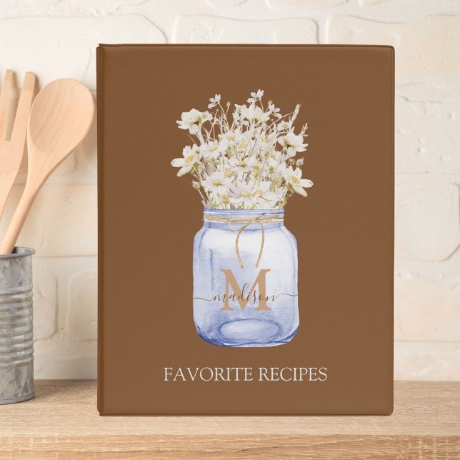 Monogrammed White Daisy Flower in Mason Jar Recipe Mini Binder (In situ)