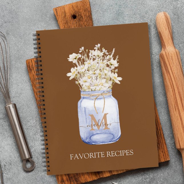 Monogrammed White Daisy Flower in Mason Jar Recipe Notebook (In situ)