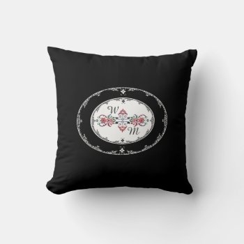 Monogrammed White Filigree With Flourish On Black Throw Pillow by colorwash at Zazzle