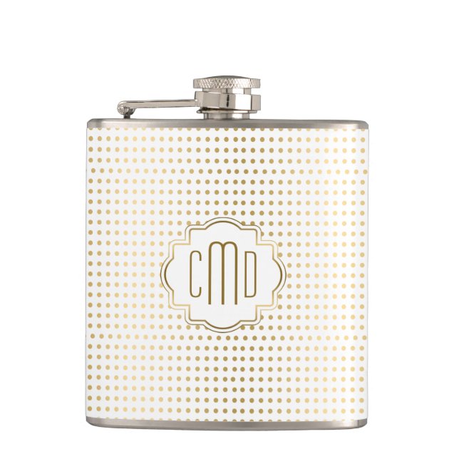 Monogrammed White & Gold Polka Dots Pattern Flask (Front)