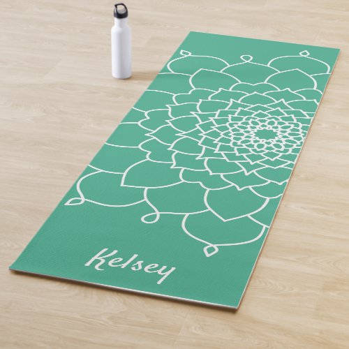 Monogrammed White  Green Mandala Pattern Yoga Mat