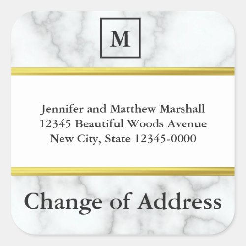Monogrammed White Marble Look Change of Address Square Sticker