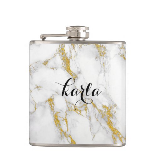 Monogrammed White Marble Stone Gold Accent Hip Flask