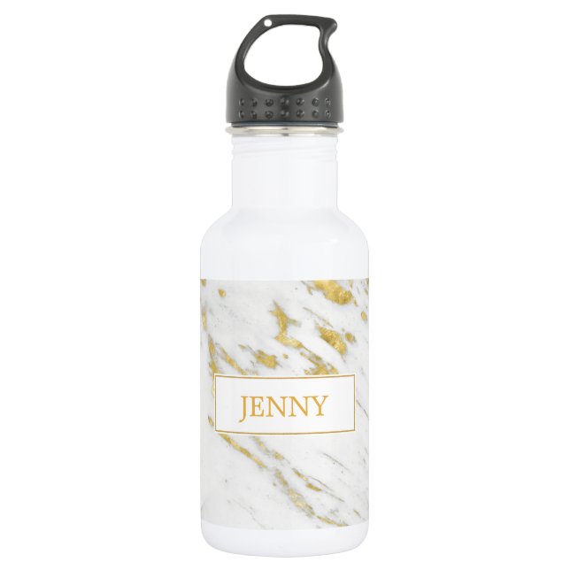 Monogrammed White Marble With Gold Glitter Stainless Steel Water Bottle (Front)