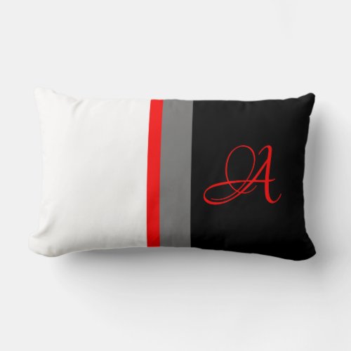 Monogrammed White Red Grey Black Striped Lumbar Pillow