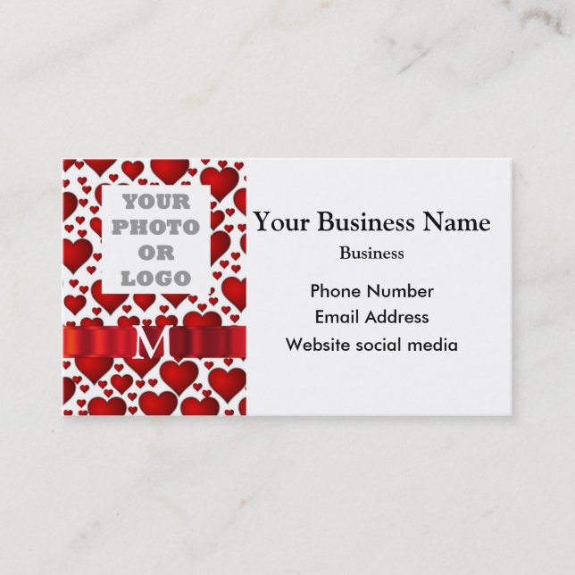 Monogrammed white, red heart pattern company logo business card (Front)