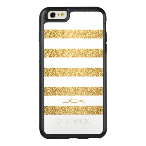 Monogrammed White Stripes And Gold Glitter OtterBox iPhone 66s Plus Case