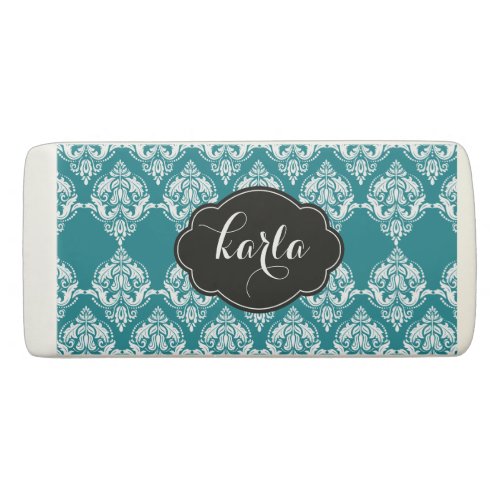 Monogrammed White  Turquoise Floral Damasks Eraser