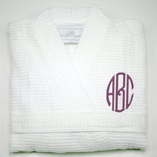 Monogrammed White Waffle Cotton-Poly Blend Kimono (Folded)