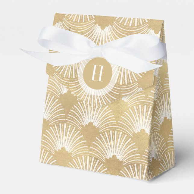 Monogrammed White & White Art-Deco Pattern Favor Boxes (Front Side)