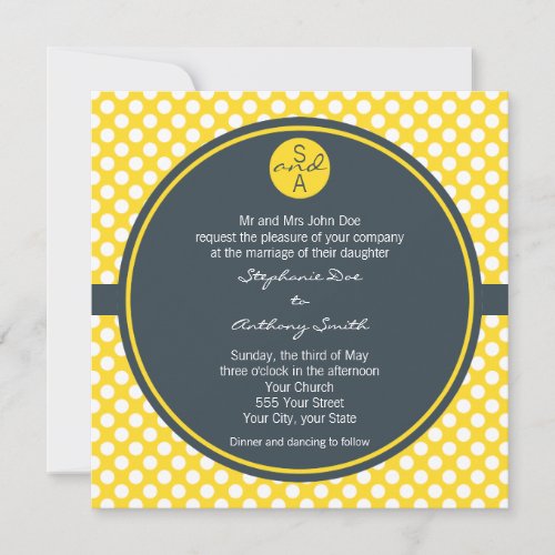 Monogrammed White, Yellow and Charcoal Polka Dot Custom Invite