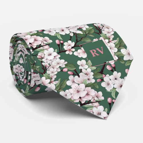 Monogrammed Wild Cherry Blossom Watercolor Flowers Neck Tie