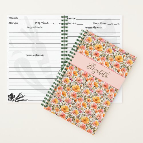 Monogrammed Wildflowers Pink Yellow Orange Recipe Notebook