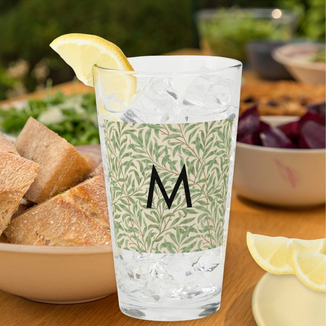 Monogrammed William Morris Willow Bough Patterned Glass (An elegant monogrammed glass tumbler, with William Morris 'Willow Bough' pattern)