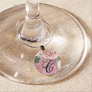 Monogrammed Wine Glass Charm Geometric Garden Rose