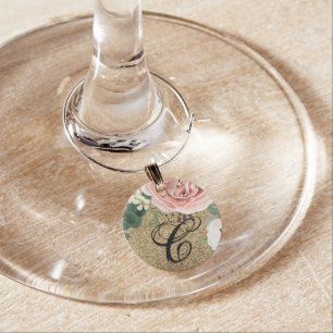 Monogrammed Wine Glass Charm Geometric Garden Rose