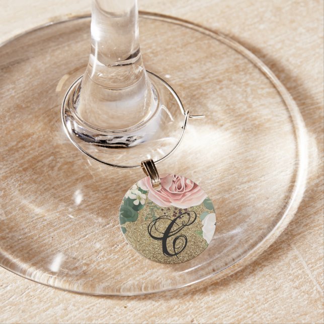 Monogrammed Wine Glass Charm Geometric Garden Rose (In Situ)