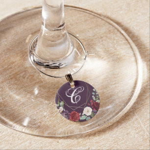Monogrammed Wine Glass Charm Plum Purple Roses Gol