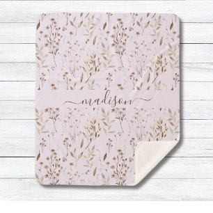 Monogrammed Winter Brown Dried Floral Botanical Sherpa Blanket