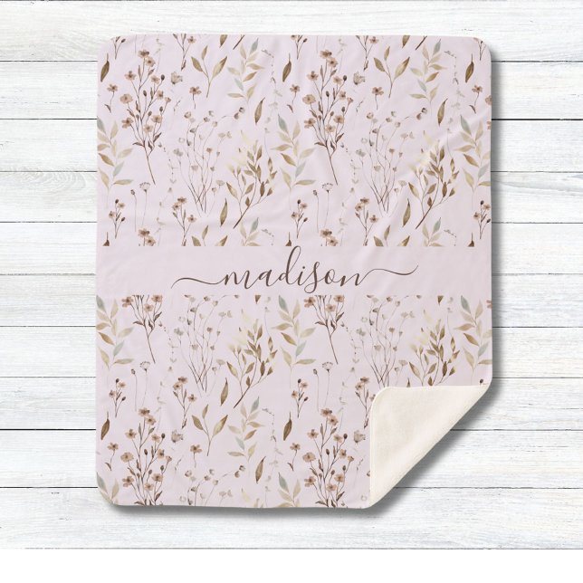 Monogrammed Winter Brown Dried Floral Botanical Sherpa Blanket (Close up)