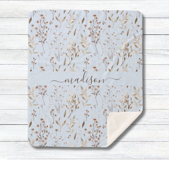 Monogrammed Winter Brown Dried Floral Botanical Sherpa Blanket (Close up)