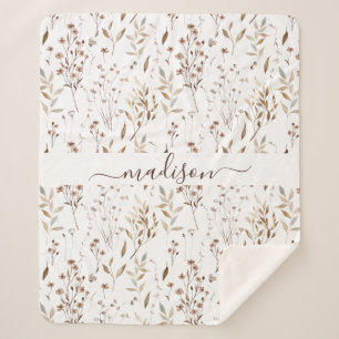 Monogrammed Winter Brown Dried Floral Botanical Sherpa Blanket