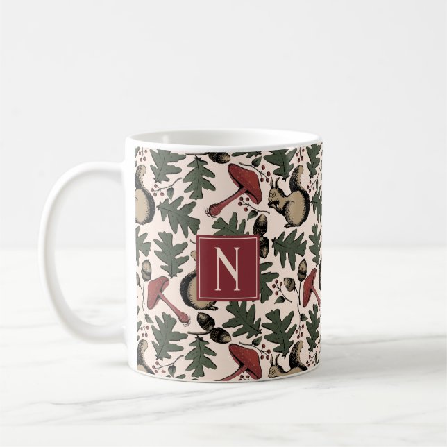 Monogrammed Winter Forest Squirrel and Mushrooms Coffee Mug (Left)