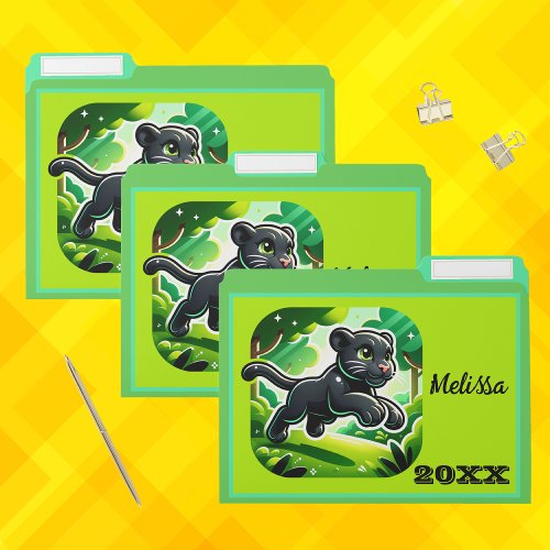 Monogrammed with Black and Green Panther Cub  File Folder