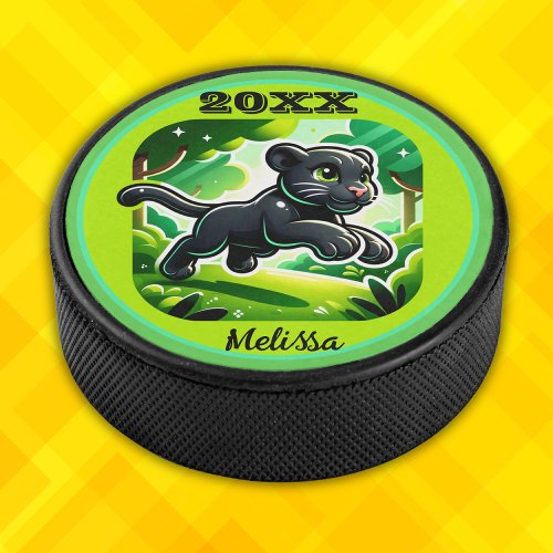 Monogrammed with Black and Green Panther Cub  Hockey Puck