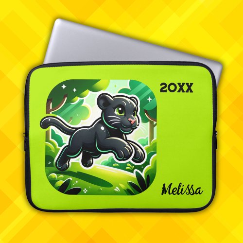 Monogrammed with Black and Green Panther Cub  Laptop Sleeve