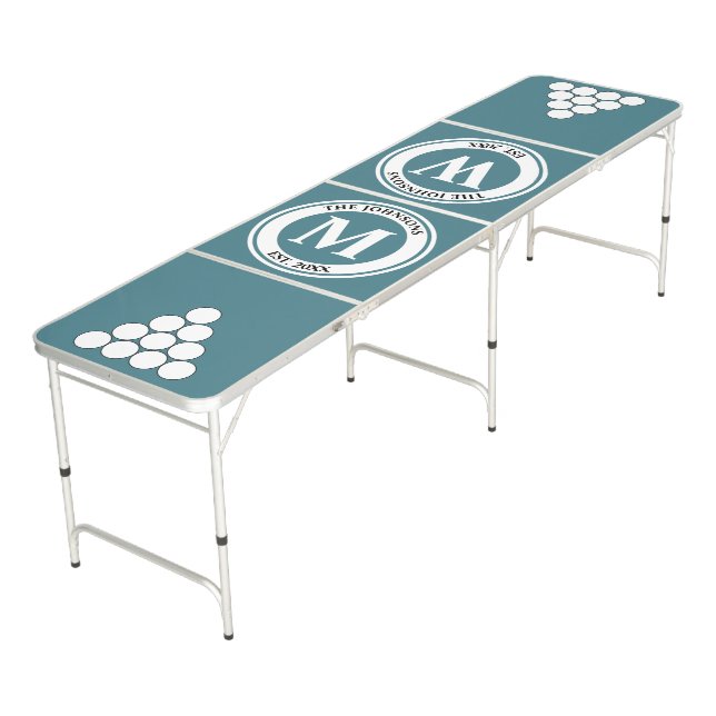 Monogrammed with Circle Pyramid Teal Regulation Beer Pong Table (Angled)