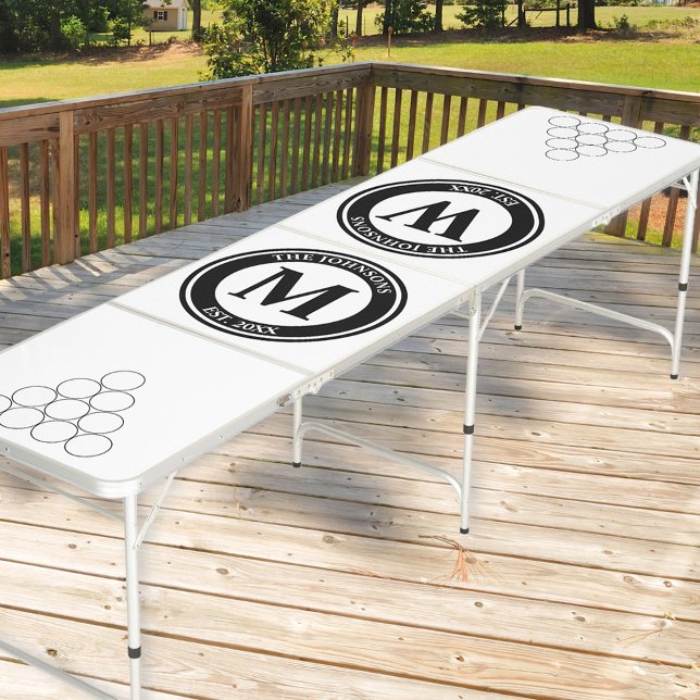 Monogrammed with Circle Pyramid White Regulation Beer Pong Table (Monogrammed beer pong table in black and white)