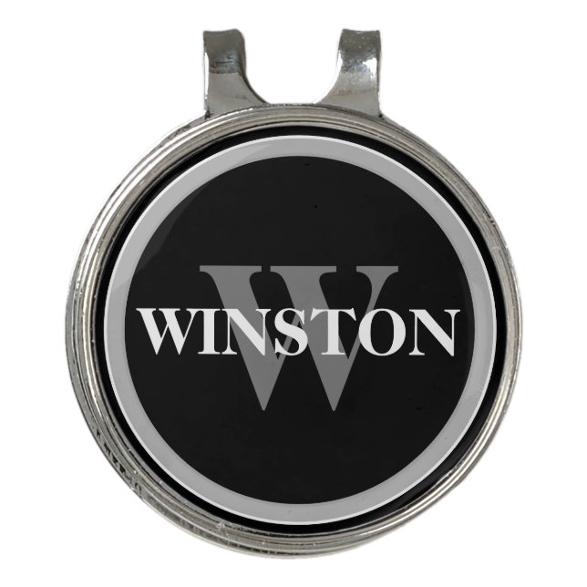Monogrammed with name black, white and grey golf hat clip (Front)