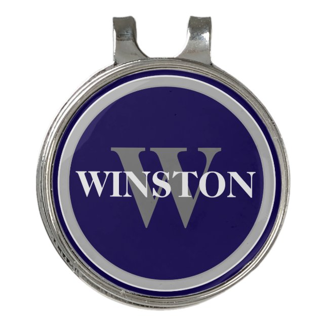 Monogrammed with name blue, white and grey golf hat clip (Front)