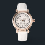 Monogrammed Women's Rose Gold Vintage White Watch<br><div class="desc">An elegant monogrammed vintage rose gold watch with your script initial and name in a classic type, with a white leather band. The watch face has a pretty decorative border of arcs around it.</div>