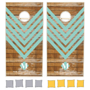 Monogrammed wood and chevron pattern cornhole set