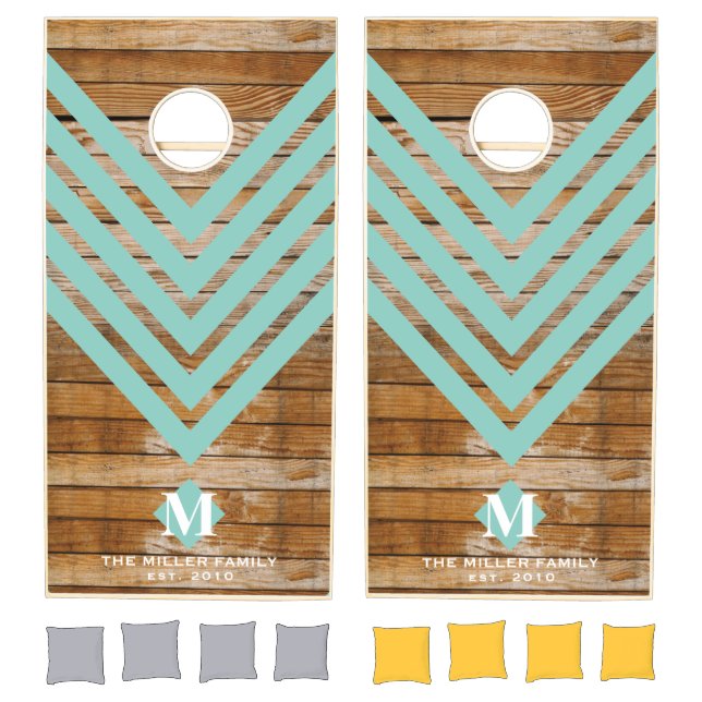 Monogrammed wood and chevron pattern cornhole set (Set)