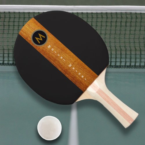 Monogrammed wood color stripe on black Ping_Pong paddle