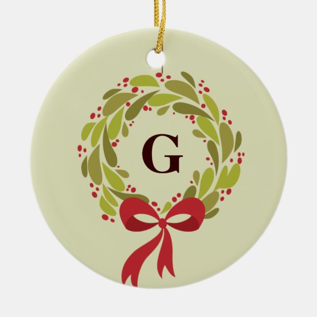 Monogrammed Wreath - Our First Christmas Ceramic Ornament (Front)