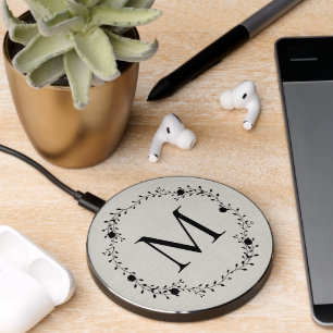 Monogrammed wreath with linen look background wireless charger 
