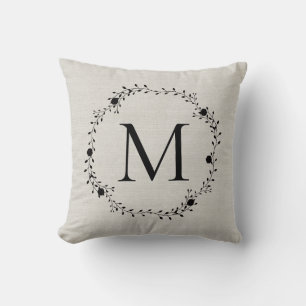 Monogrammed wreath with name and Est date on back Throw Pillow